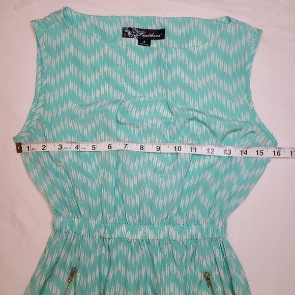 Feathers Aztec Print Sleeveless Mini Dress w/ Zipper Pockets, Blue White, Small - Picture 13 of 15